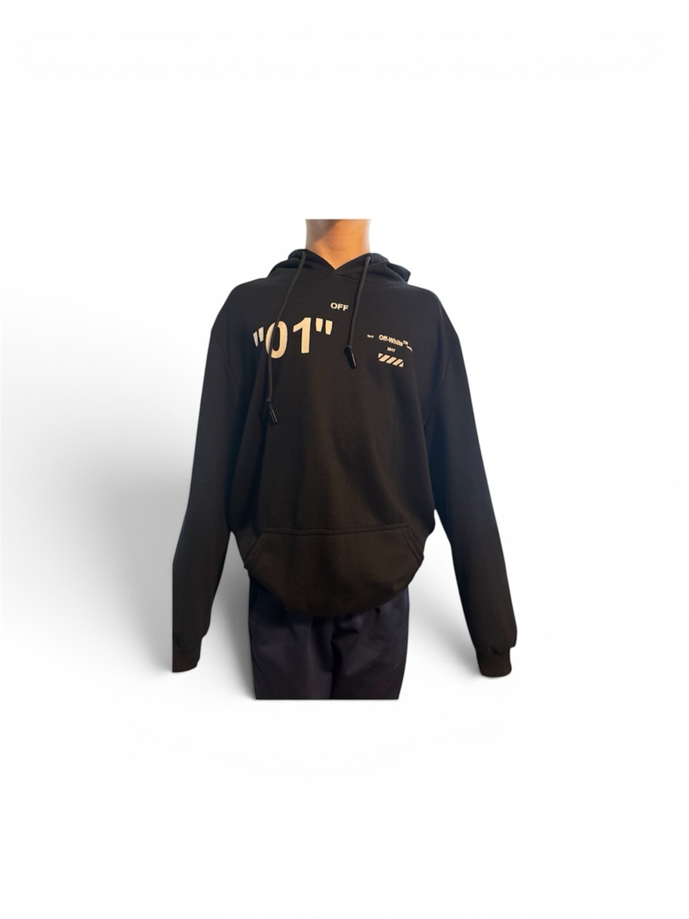 Designer "Off-White" Brand Black Hoodie with White '01' and Logo Print- RARE